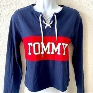 Tommy Hilfiger lace up long sleeve cropped rugby shirt navy w/ logo stripe XS
